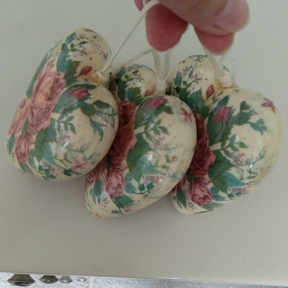 Vintage Bundle of 3 Floral Heart Ornaments Set Cream and Pink GORGEOUS - Picture 12 of 13